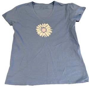 Life Is Good Women's V Neck Daisy‎ Flower Graphic Blue Sleep T-Shirt Size Small